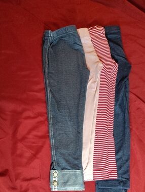 Lot Of 4 Girls Leggings- 2 Denim, Pale Pink & Red Stripe